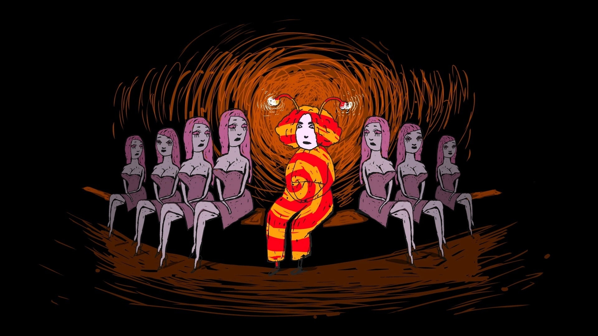 Image of a shot from an animated film with a cartoon-style woman in red & orange being stared at by identical women in purple.